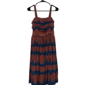Girls From Savoy Navy Blue & Orange Floral Ruched Layered Dress Women Sz S